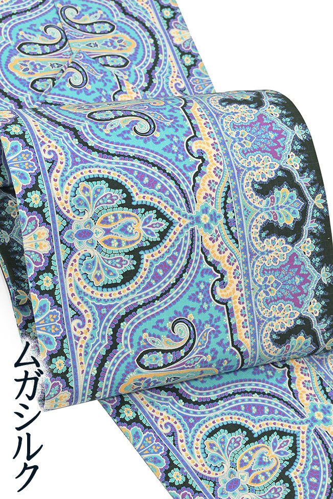 着物だいやす 158□名古屋帯□紬 染め帯 ムガシルク 野蚕糸 更紗 黒×紫