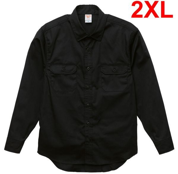 長袖シャツ XXL ブラック ワークシャツ 長袖 シャツ やや厚手 TCツイル素材 無地 胸ポケット付き 定番 ベーシック A2005 2XL 3L 黒 黒色_画像1