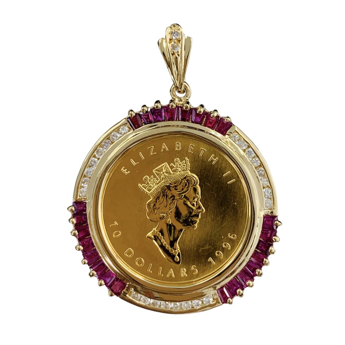 カナダ メイプル金貨 エリザベス二世 1996年 K18/24 純金 14g ルビー 1.10 ダイヤモンド 0.24 コイン ペンダントトップ