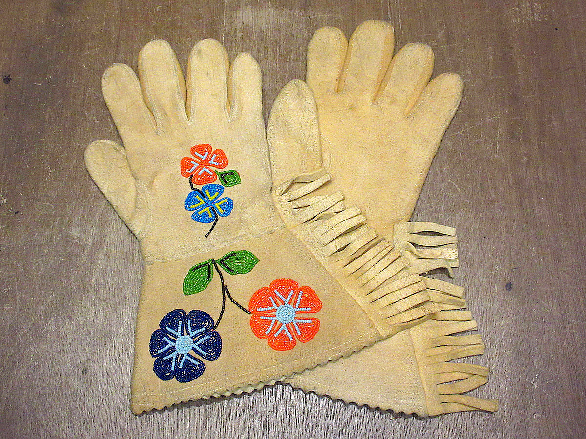  Vintage ~30\'s* Native American n flower beads embroidery cotton gun to let glove *221109i1-m-glv 20s Indian gloves antique 