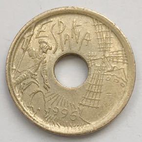 海外コイン　スペイン　25ペセタ記念硬貨　③ 穴　1996年_画像2