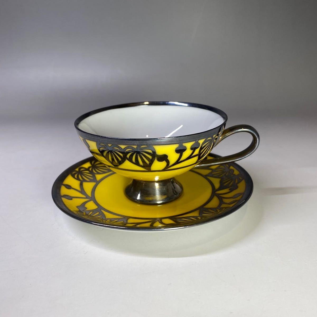 19 century Germany antique Hutschenreuther cup & saucer silver silver a-ru deco tree leaf . small cup yellow silver tableware 