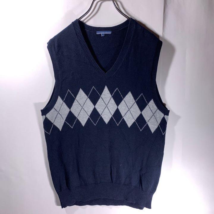 90s 古着 オールドユニクロ Vネック アーガイル ニットベスト ネイビー
