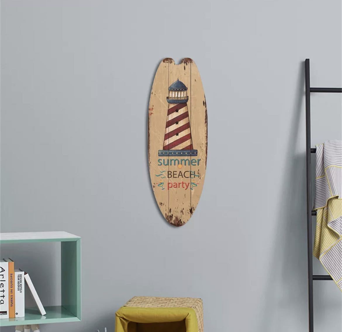 木製サーフ型ハンギングボード インテリア サーフボード 看板 ボード 壁掛け 装飾 カジュアル 雑貨 木製 サーフィン パラソル 2141_画像6
