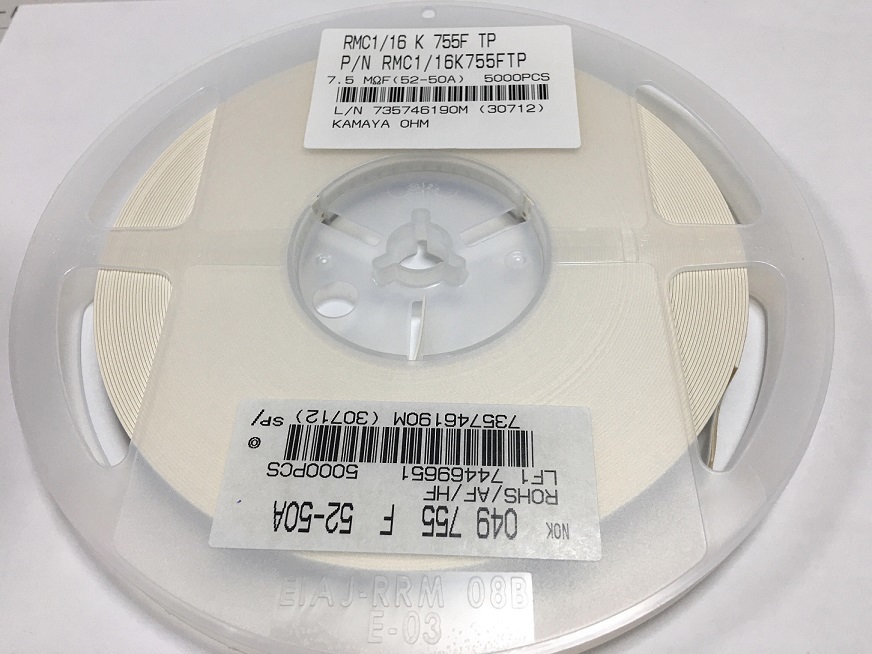 釜屋電機　RMC1/16K-755FTP　5000個/巻　角板形チップ抵抗器　1608サイズ　7.5MΩ　0.1W　F品_画像1