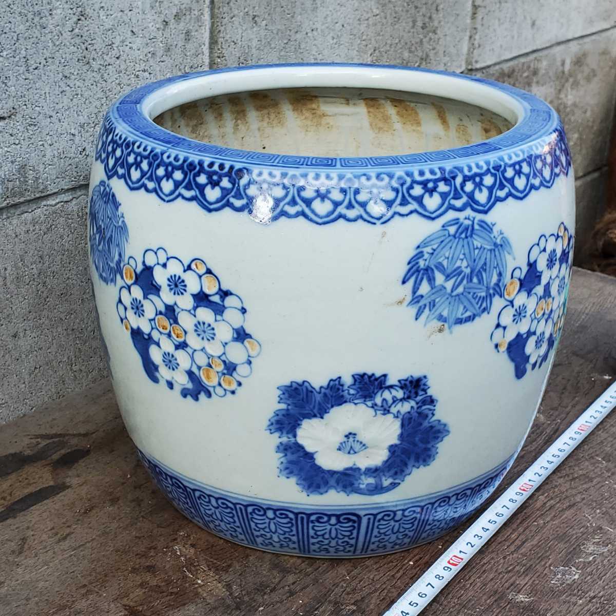 注文後の変更キャンセル返品 骨董 火鉢 染め付け 鶴に松 鉢カバー