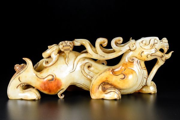 古びた蔵『和田玉 高古玉彫り 瑞獣擺件』極細工 置物 擺件 古賞物 古美術 中国古玩