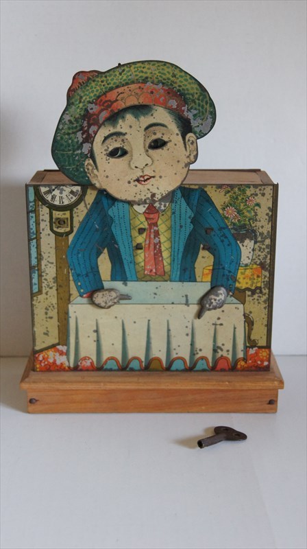 [珍品]戦前 首ふり少年 ブリキ ゼンマイ式 金彩 木製台座 1920～30年頃 当時物 日本製 雑貨