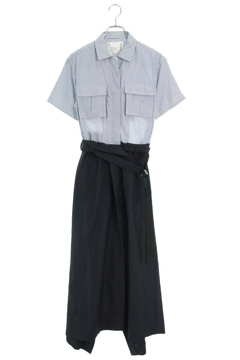 サカイ Sacai 22SS Suiting Mix Dress サイズ:1 ベルト付きストライプ切り替えロングフレアワンピース 中古 BS99