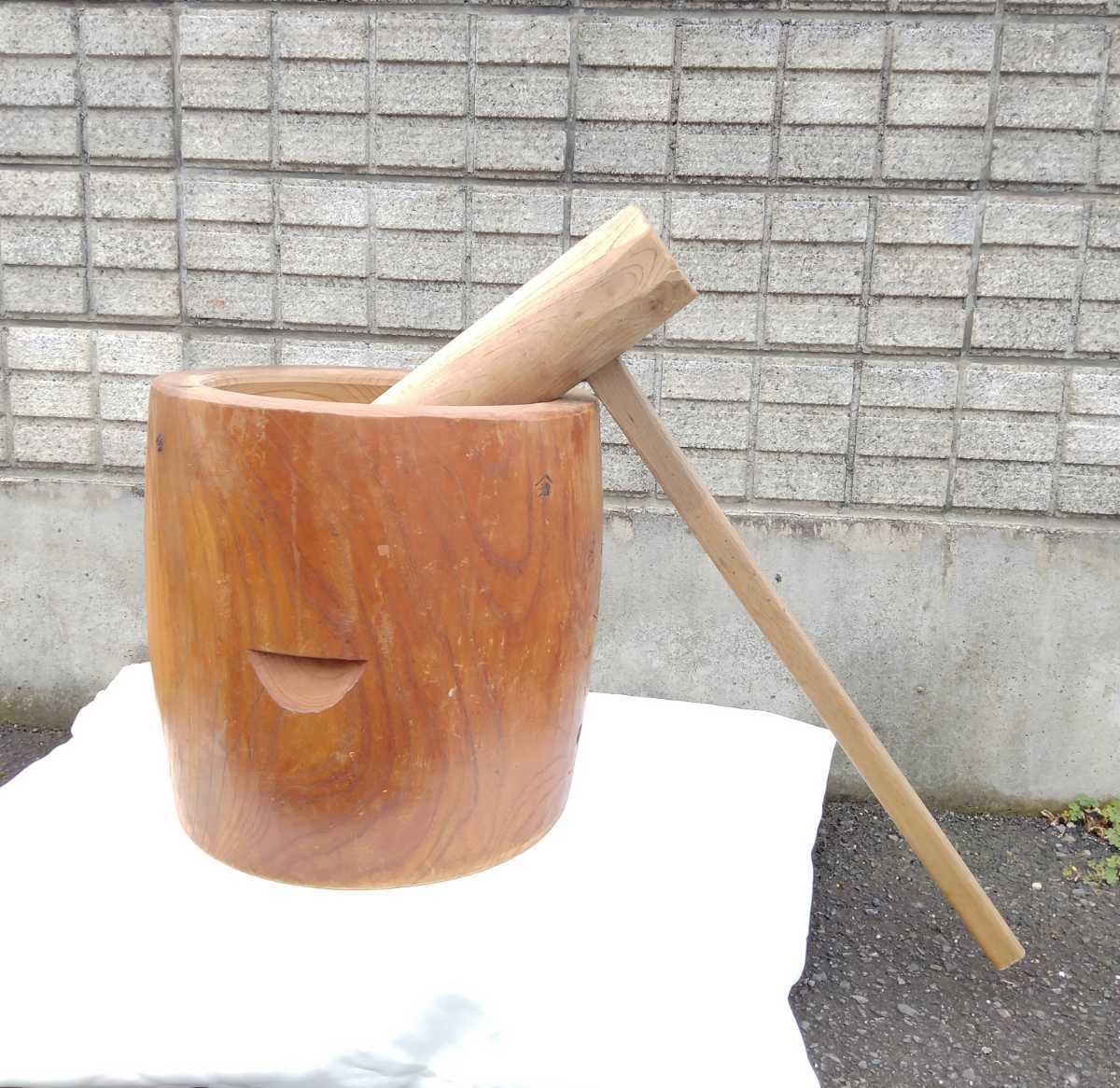 【006】臼と杵セット　太鼓型　餅つき 重さ31.6kg うす レトロ　古道具_画像1