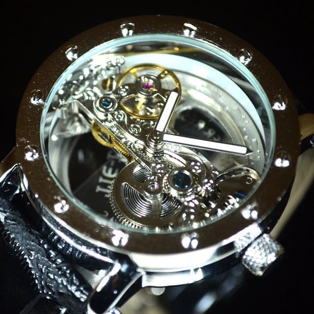 メンズ 腕時計 フルスケルトン TIEDAN 機械式上時計 自動巻 スケルトン ゴールド トゥールビヨン ブラウン 革 バンド_画像6