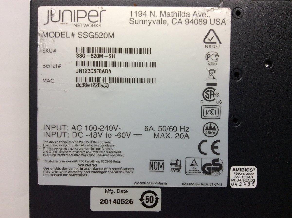 希望者のみラッピング無料】 初期化済み Juniper Networks SSGシリーズ SSG 520M 搭載OS Version  6.3.0r17.0