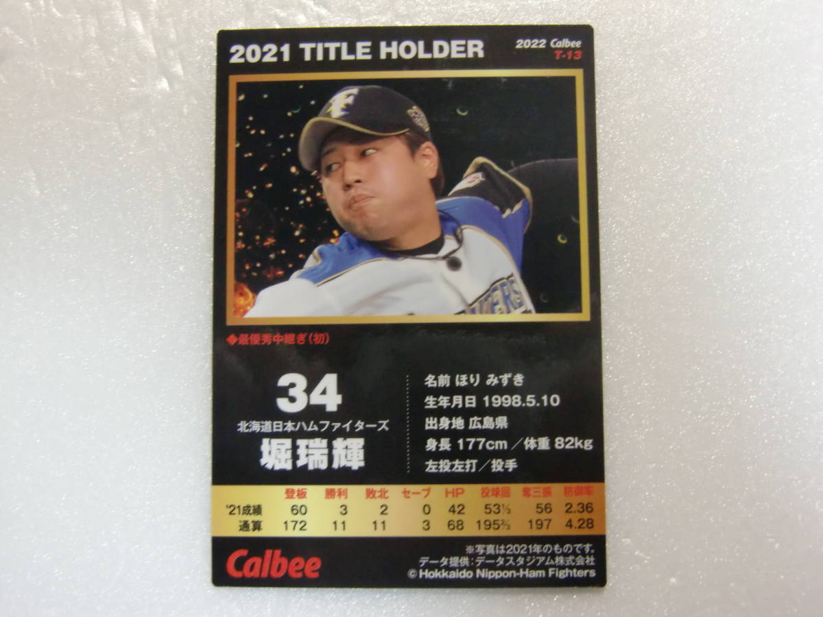 T-13.カルビー.プロ野球チップス 2022.2022年.第1弾.2021 タイトルホルダー.2021 TITLE HOLDER.北海道日本ハムファイターズ.堀瑞輝_画像2