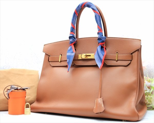 美品 HERMES エルメス バーキン 35 ○Z 刻印 ゴールド金具 ゴールド 保存袋 ツイリー 付き ハンドバッグ A4 ブラウン系 B807_画像1