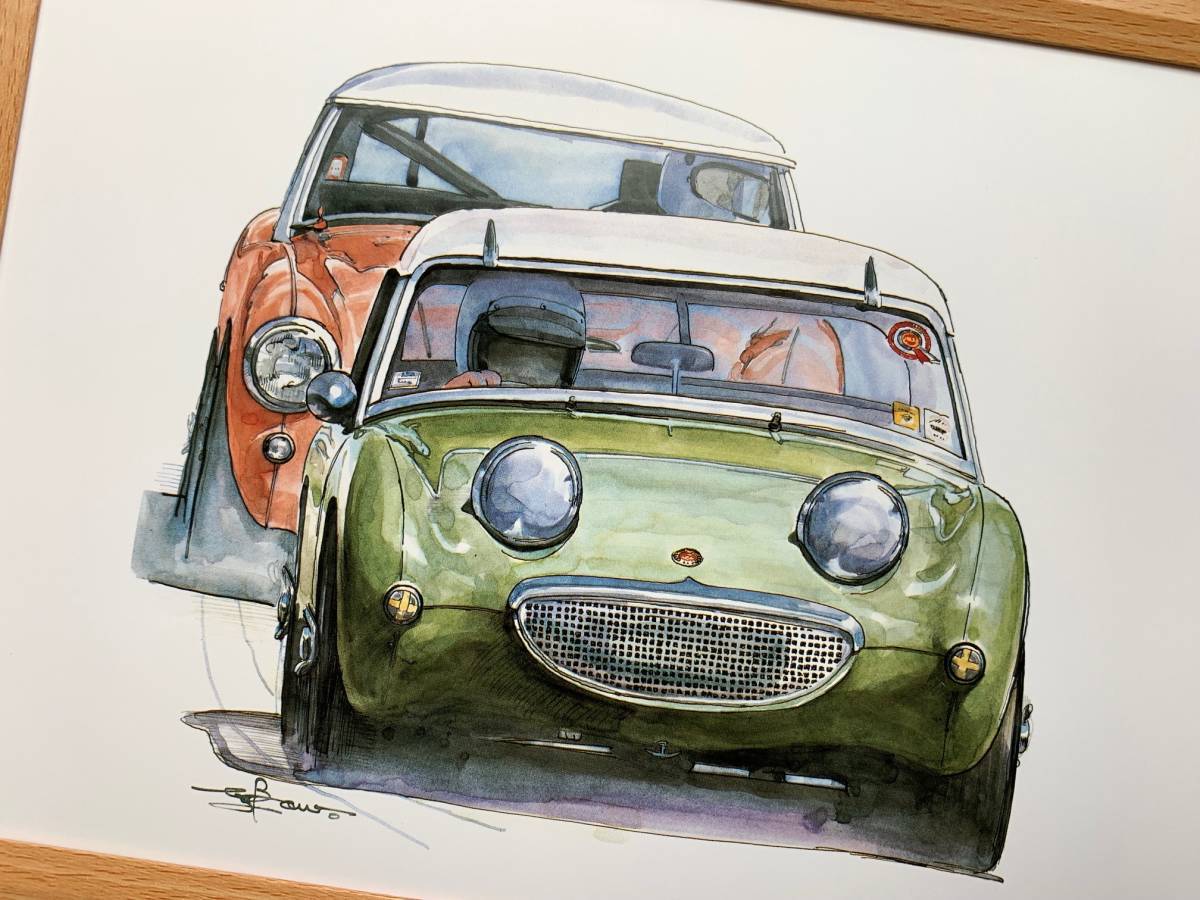 ■BOW。池田和弘『Austin Healey Sprite Mk-Ⅰ』B5サイズ 額入り 貴重イラスト 印刷物 ポスター風デザイン 額装品 アートフレーム 旧車_画像2