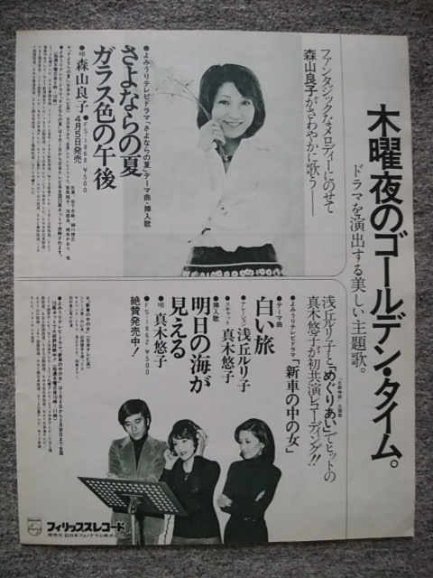 森山良子、浅丘ルリ子　プレイファイブ（1976年4月号）からの切り抜き（サイズは縦３３ｃｍ、横２６ｃｍ） 裏面　横本メイ_画像1