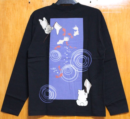 SALE！絡繰魂♪20(M)271376 金魚すくいにゃん笑猫刺繍長袖Ｔシャツ_画像1