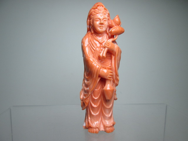 驚きの価格 【江月】隆正作 本珊瑚細密彫刻観音菩薩像の置物 80,41g 仏像