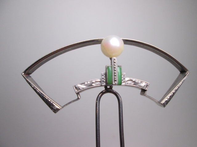【江月】アンティーク・芝翫香 彫金細工真珠翡翠飾りの清楚なかんざし 共ケース付