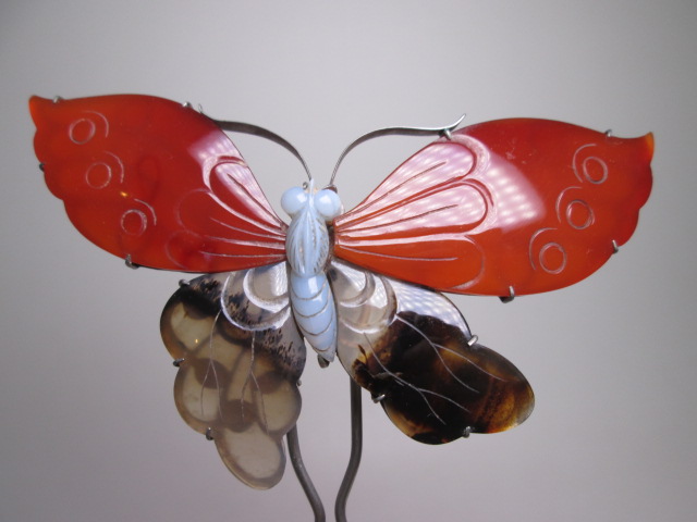 【江月】アンティーク・[蘭香堂] 彫金本瑪瑙の蝶のかんざし 共ケース付