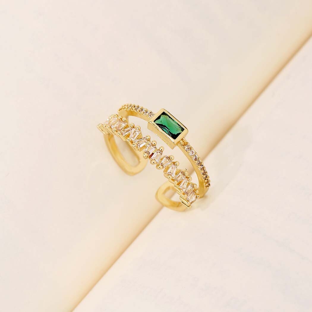 open ring ring Gold 2 -ply cz green green lady's Korea Cubic Zirconia rhinestone Kirakira beautiful #C1541-3