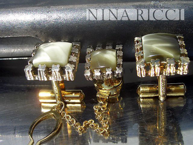 †60S 70S NINA RICCI PARIS Silver Agate ニナニッチ 銀 シルバー ギラギラ輝くクール オニキス タイピン カフス モダニズム ヴィンテージ