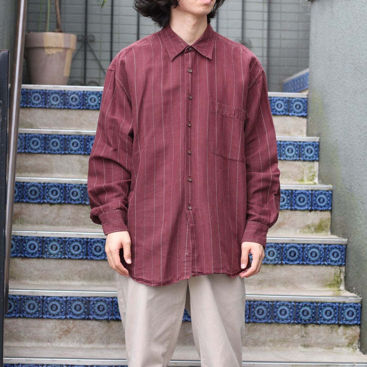 USA VINTAGE HENRY GRETHEL STUDIO STRIPE PATTERNED RAMY COTTON OVER SHIRT/アメリカ古着ストライプ柄ラミーコットンオーバーシャツ_画像1