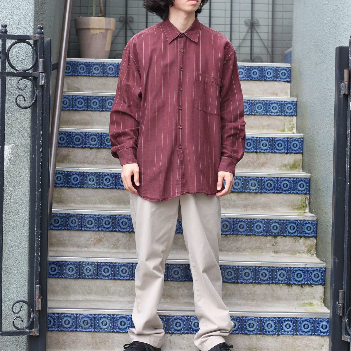 USA VINTAGE HENRY GRETHEL STUDIO STRIPE PATTERNED RAMY COTTON OVER SHIRT/アメリカ古着ストライプ柄ラミーコットンオーバーシャツ