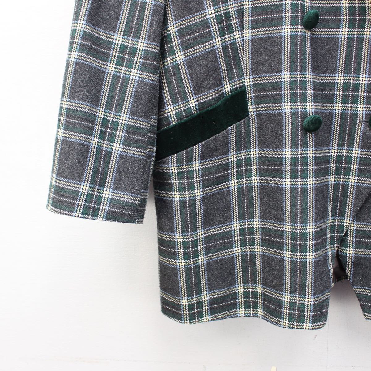 EU VINTAGE CHECK PATTERNED VELOUR COLLAR WOOL TAILORED JACKET/ヨーロッパ古着チェック柄襟ベロアウールテーラードジャケット