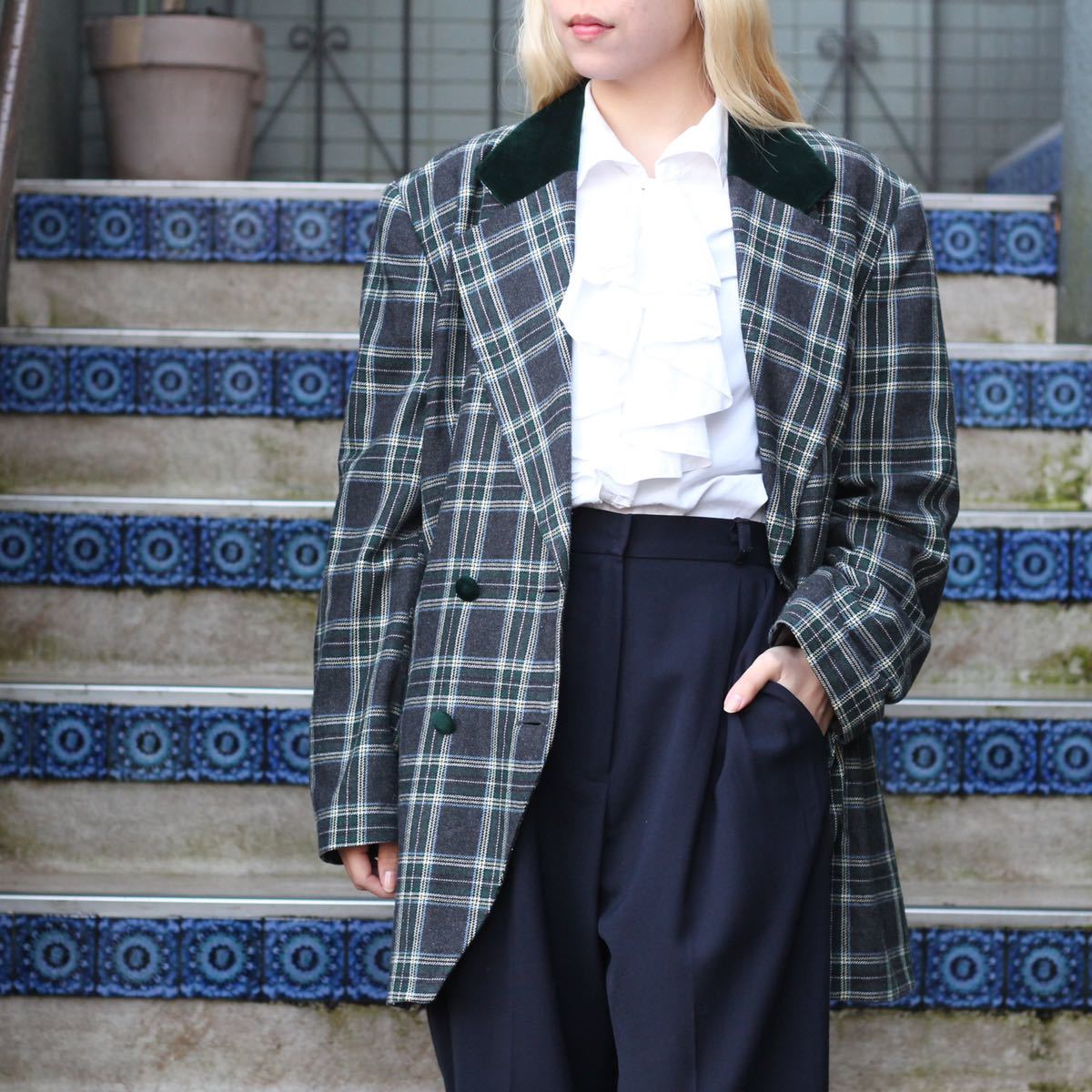 EU VINTAGE CHECK PATTERNED VELOUR COLLAR WOOL TAILORED JACKET/ヨーロッパ古着チェック柄襟ベロアウールテーラードジャケット