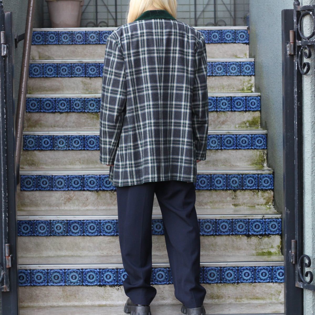 EU VINTAGE CHECK PATTERNED VELOUR COLLAR WOOL TAILORED JACKET/ヨーロッパ古着チェック柄襟ベロアウールテーラードジャケット