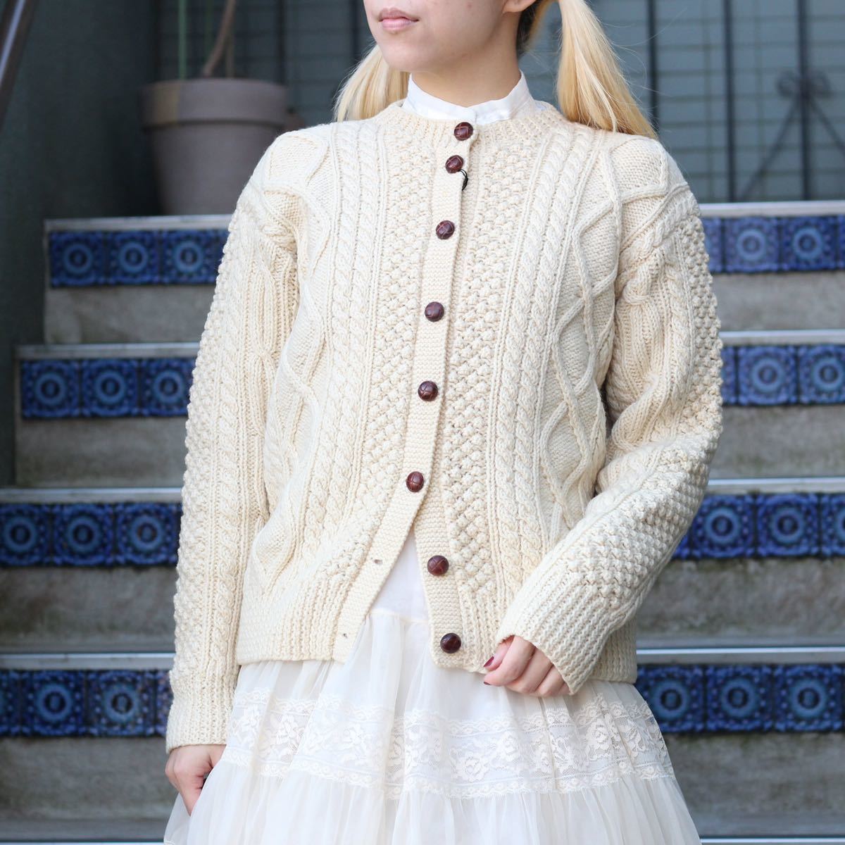EU VINTAGE CABLE DESIGN KNIT CARDIGAN MADE IN IRELAND/ヨーロッパ