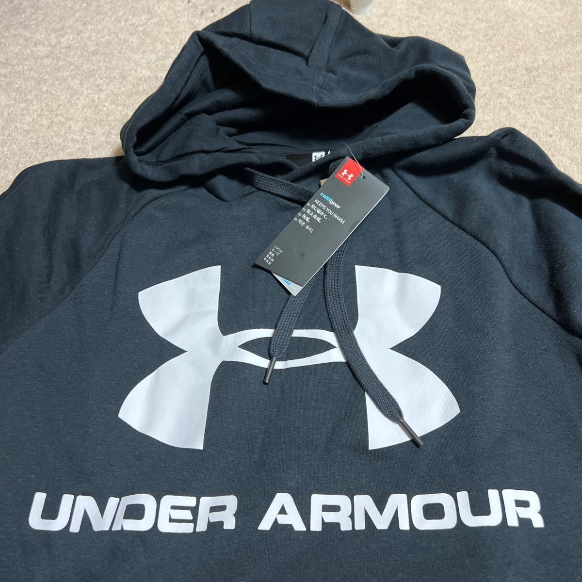 新品￥6600 UNDER ARMOUR 裏起毛パーカーL  ビッグロゴ アンダーアーマー スウェットパーカー フーディー  黒