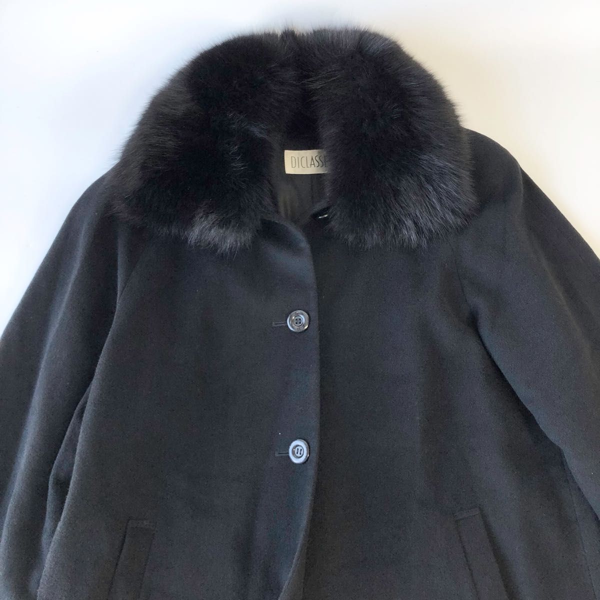 カシミヤ100% フォックスファー付きステンカラー　ロングコート　暖かい　ジャケット　山羊　黒　BLACK L〜XL レディース