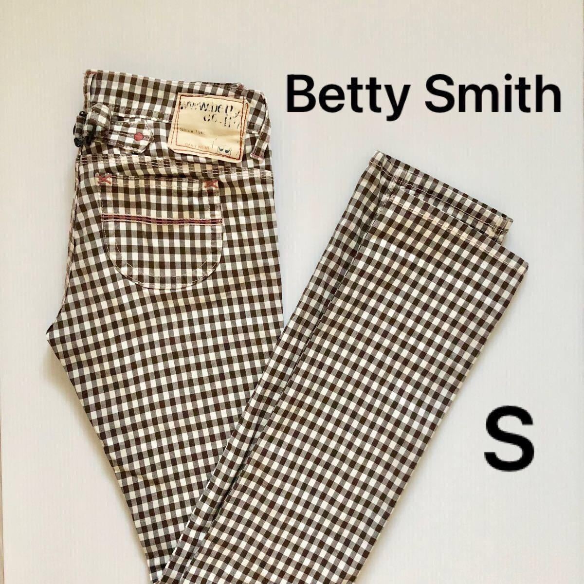 定番!Betty Smith ストレッチストレートパンツ ブラウン×ホワイト ギンガムチェック×ピンクステッチ サイズ S