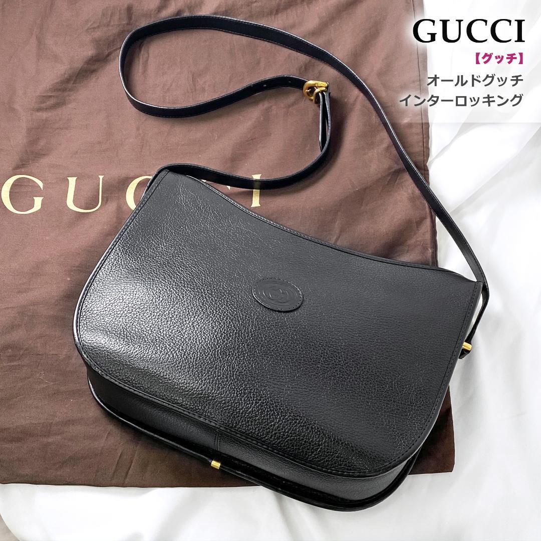 ★高級★オールドグッチ GUCCI ショルダーバッグ インターロッキング 黒 金OLD シボ革 レザー ダブルG クレスト ゴールドロゴ ヴィンテージ