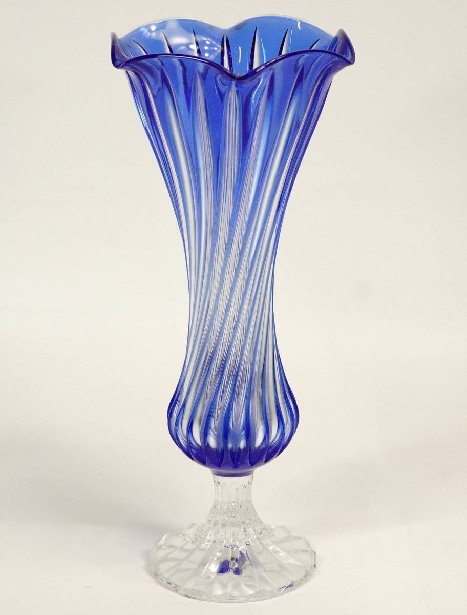 ビンテージ フランス製 Cristal D’Arques クリスタルダルク ツイストフラワーベース ブルー 花瓶 直径10cm 高さ22cm IKT411_画像1