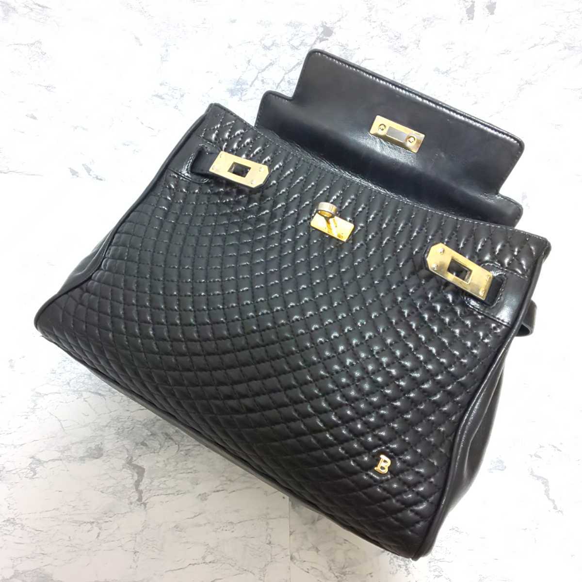 【極希少/美品】BALLY バリー ヴィンテージ クロア型ハンドバッグ トートバッグ ラムスキン キルティングレザー ゴールド金具 ブラック 黒