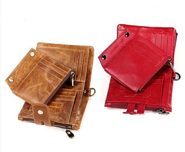 二つ折り 三つ折り 財布 メンズ 本革 高級牛革 使用 おしゃれなヴィンテージ加工 チェーン付き カード入１０枚 大容量 赤の画像6