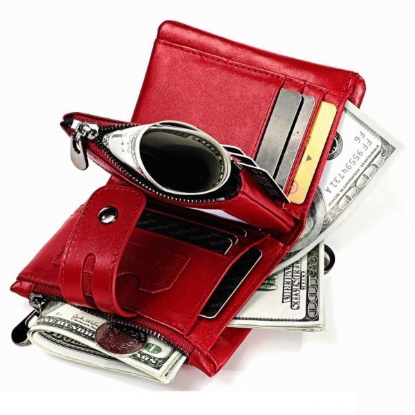 二つ折り 三つ折り 財布 メンズ 本革 高級牛革 使用 おしゃれなヴィンテージ加工 チェーン付き カード入１０枚 大容量 赤の画像2