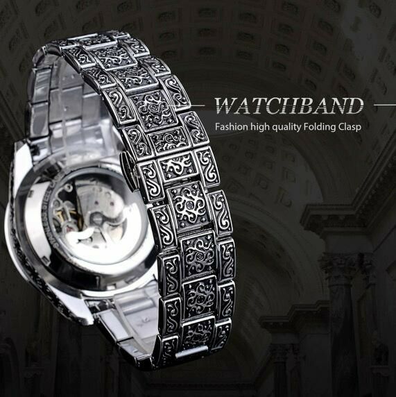 新品 3D 彫 自動巻き 機械式 メンズ フルスケルトン 腕時計 シルバー
