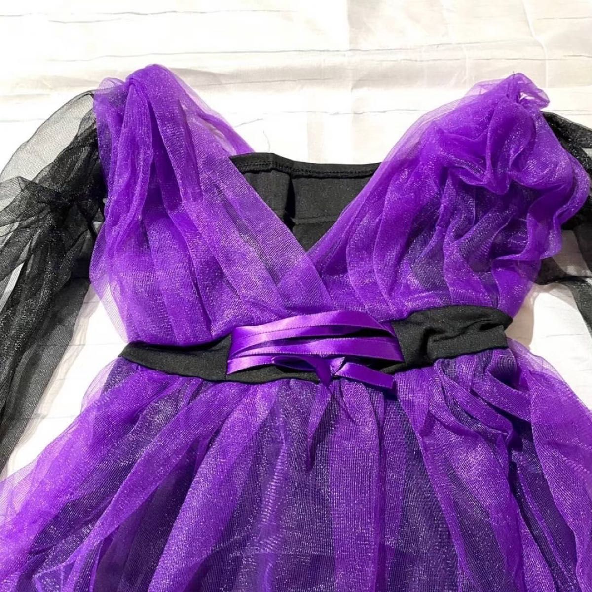 110 紫 魔女 パープル ハロウィン 魔法使い コスプレ キッズ ワンピース パーティー コスチューム 帽子 チュール 透け感