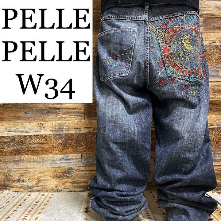 PELLE PELLE ペレペレ デニム ジーンズ ストリート バギーパンツ ジーパン Gパン オーバーサイズ 刺繍 古着 w34 ストリート 個性的  メンズ