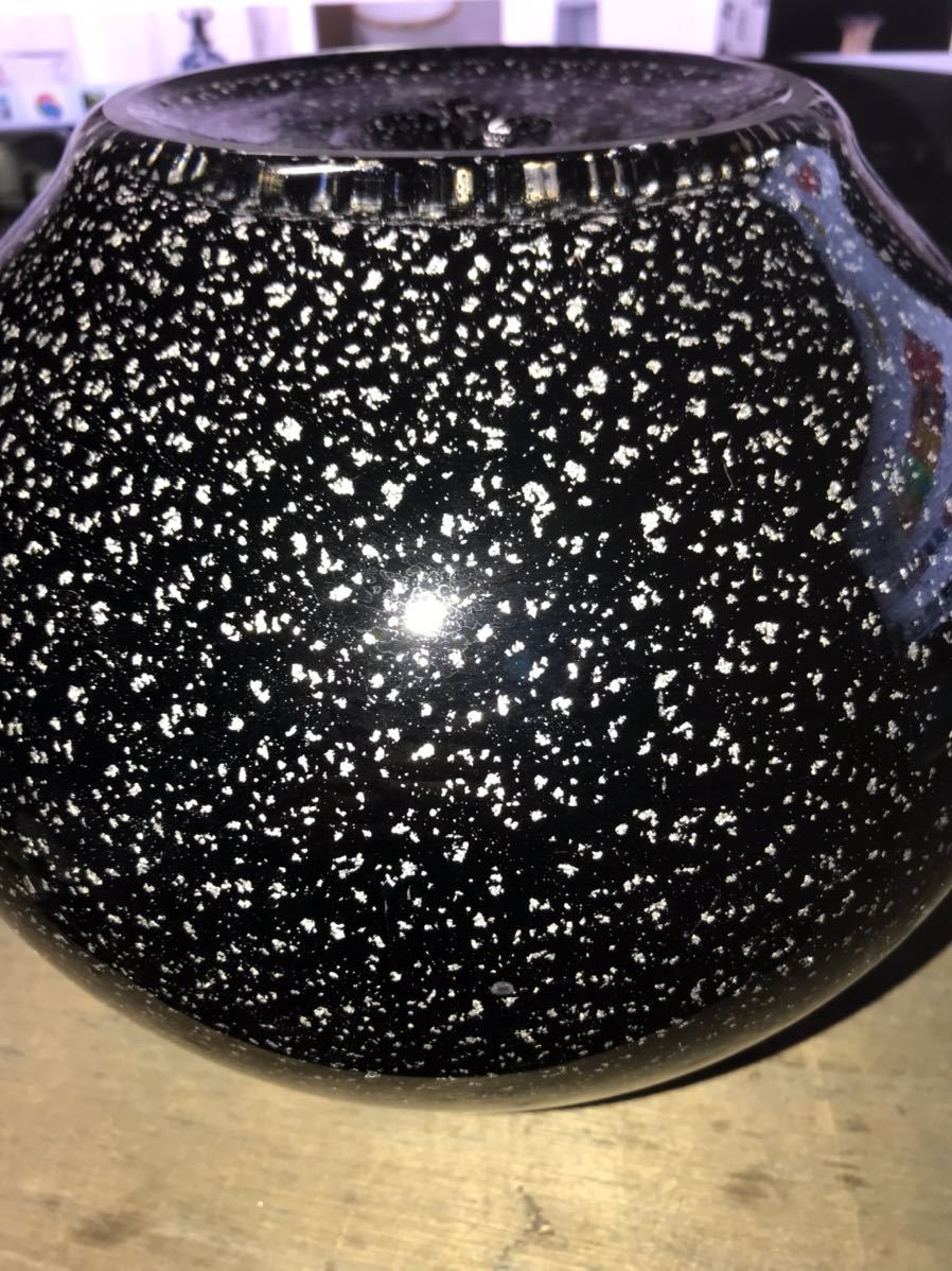 IT-0176 1尺黒ガラス壺　花瓶　作家不明　とても稀少