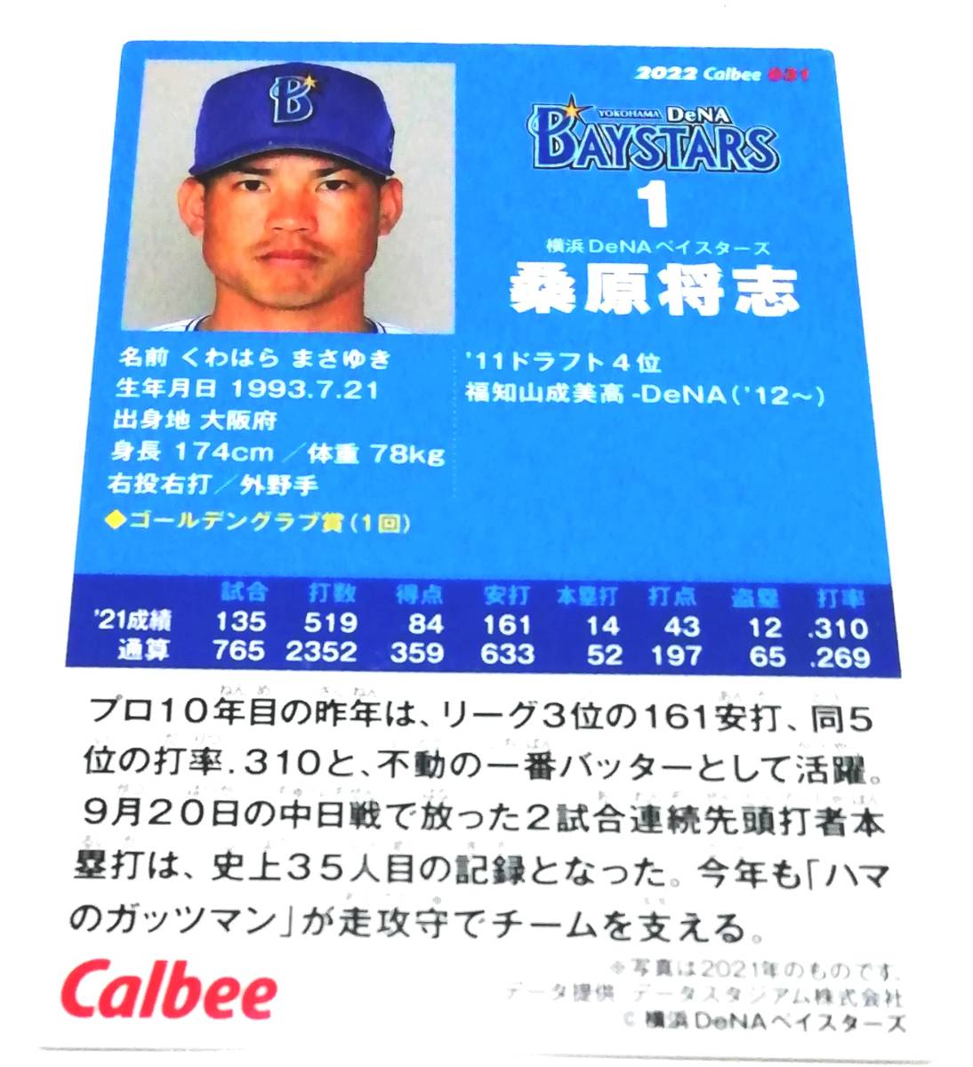 2022　第1弾　桑原将志　横浜DeNAベイスターズ　レギュラーカード　【031】 ★ カルビープロ野球チップス_画像2