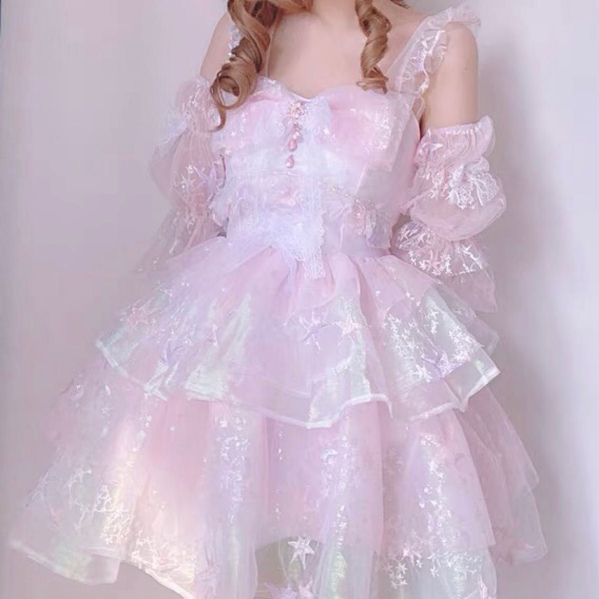 アイドル衣装 ピンク ラメ 星 ビジュー 可愛い 魔法少女 コスプレ クリスマス カラードレス 演奏会 パーティードレス