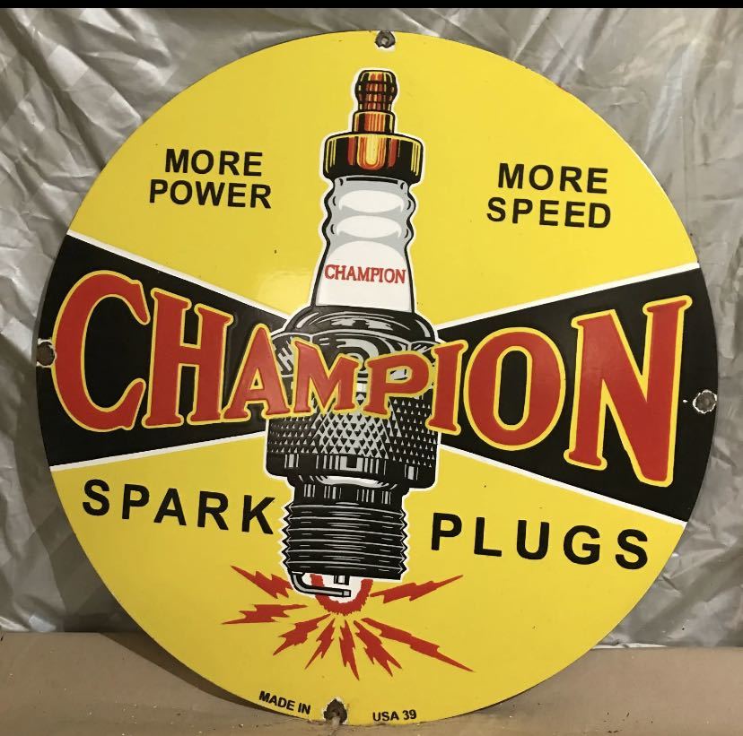 ビンテージ 大型看板 CHAMPION SPARK PLUGS 1939年 直径76センチ