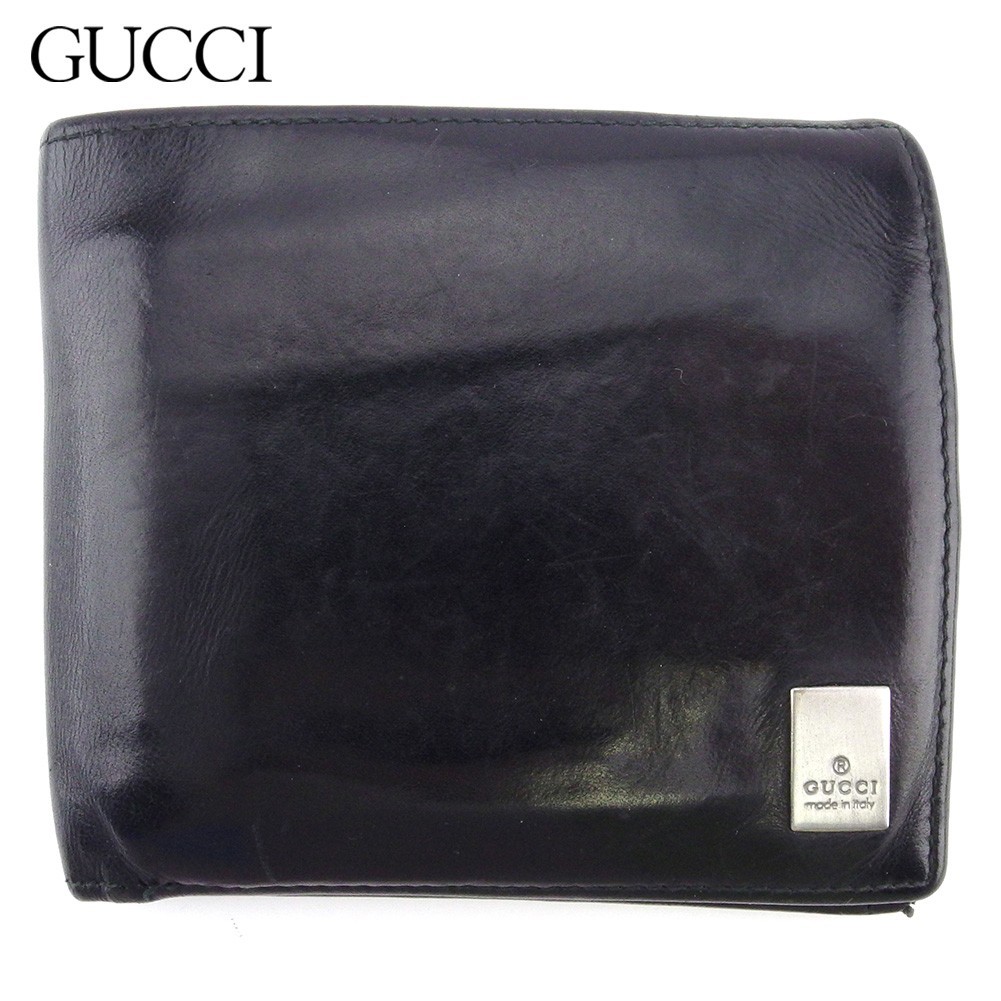 大切な グッチ 中古 シルバー ブラック ロゴプレート メンズ ミニ財布 財布 二つ折り 女性用財布