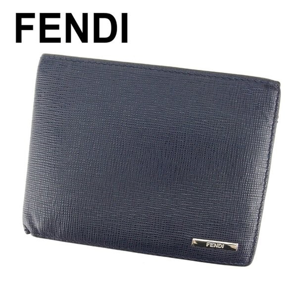 最上の品質な フェンディ 中古 ネイビー ロゴプレート レディース 財布 二つ折り 女性用財布