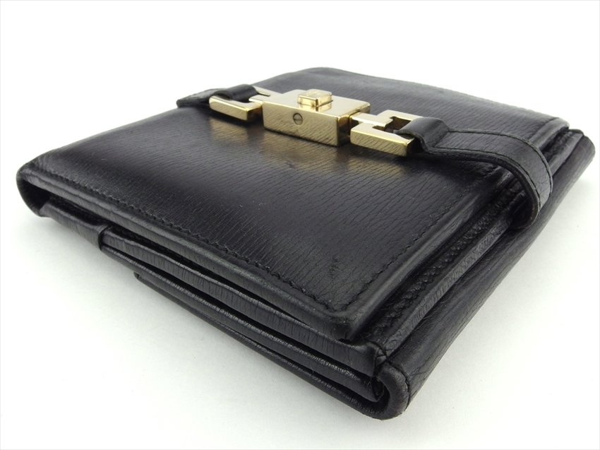 グッチ Wホック 財布 二つ折り ミニ財布 レディース メンズ ジャッキー金具 ブラック ゴールド 中古_画像3